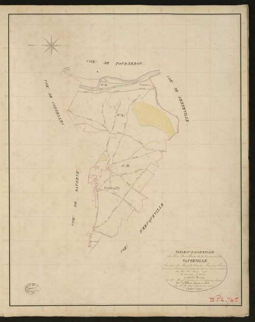 Vatteville. Tableau d'assemblage _ du Plan Parcellaire de la Commune de Vatteville. _ Canton de Pont-de-l'Arche - Louviers - Eure. _ Terminé sur le terrain le 29 septembre 1834 sous l'administration de M. A. Passy, Préfet _ M. Amette, maire