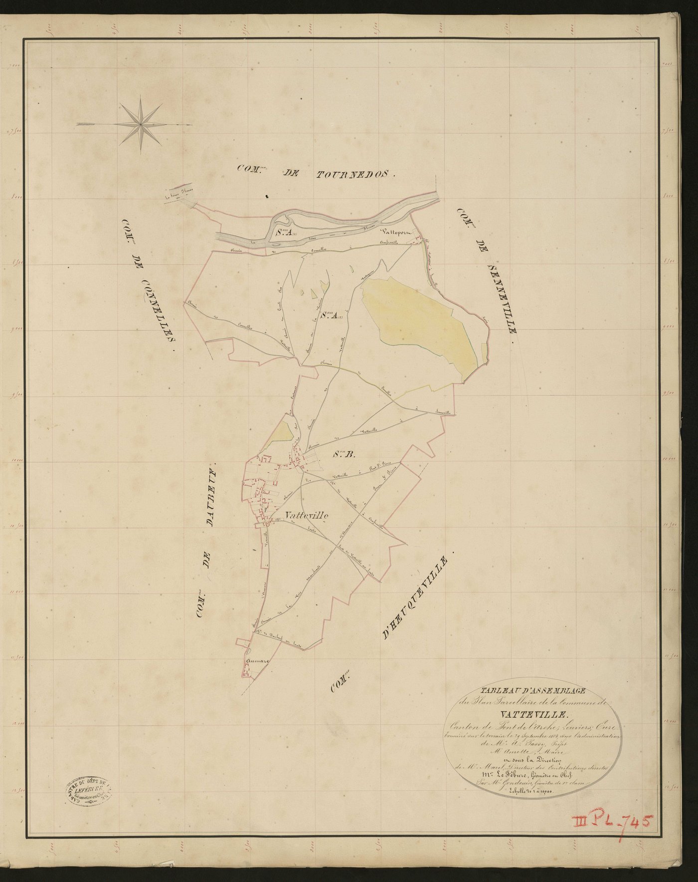 Vatteville. Tableau d'assemblage _ du Plan Parcellaire de la Commune de Vatteville. _ Canton de Pont-de-l'Arche - Louviers - Eure. _ Terminé sur le terrain le 29 septembre 1834 sous l'administration de M. A. Passy, Préfet _ M. Amette, maire