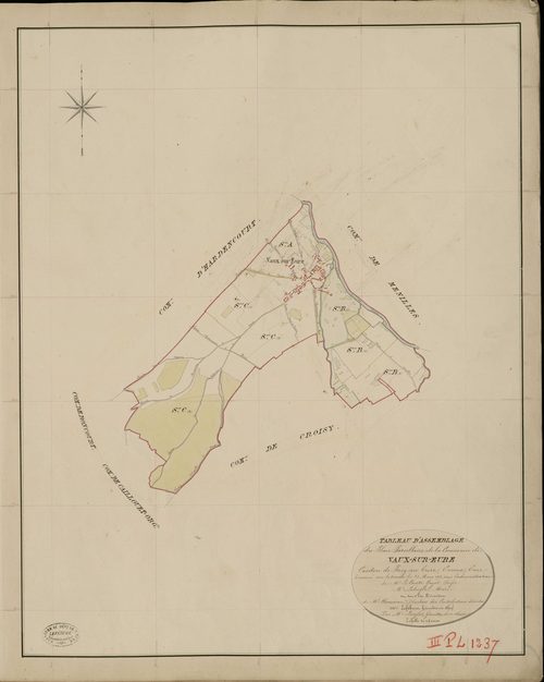 Vaux-sur-Eure. Tableau d'assemblage _ du Plan Parcellaire de la Commune de Vaux sur Eure _ Canton de Pacy sur Eure - Evreux - Eure. _ Terminé sur le Terrain le 23 Mars 1852, sous l'administration de M. Le Comte Guyot, Préfet _ M. Lebagle, M