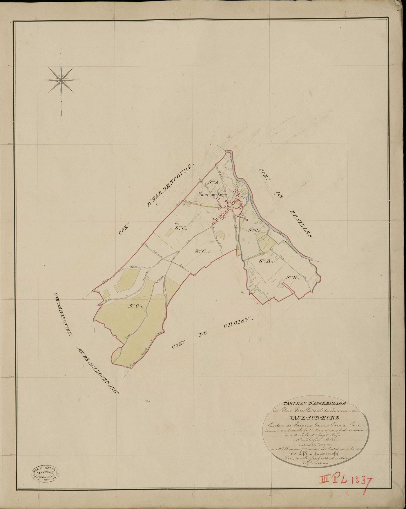 Vaux-sur-Eure. Tableau d'assemblage _ du Plan Parcellaire de la Commune de Vaux sur Eure _ Canton de Pacy sur Eure - Evreux - Eure. _ Terminé sur le Terrain le 23 Mars 1852, sous l'administration de M. Le Comte Guyot, Préfet _ M. Lebagle, M
