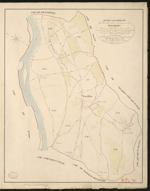 Venables. Tableau d'assemblage du Plan Parcellaire de la Commune de Venables _ Canton de Gaillon - Louviers - Eure. _ Terminé sur le terrain le 4 septembre 1829, sous l'administration de M. Le Vicomte Raymond Delaitre, Préfet - M. le Baron 
