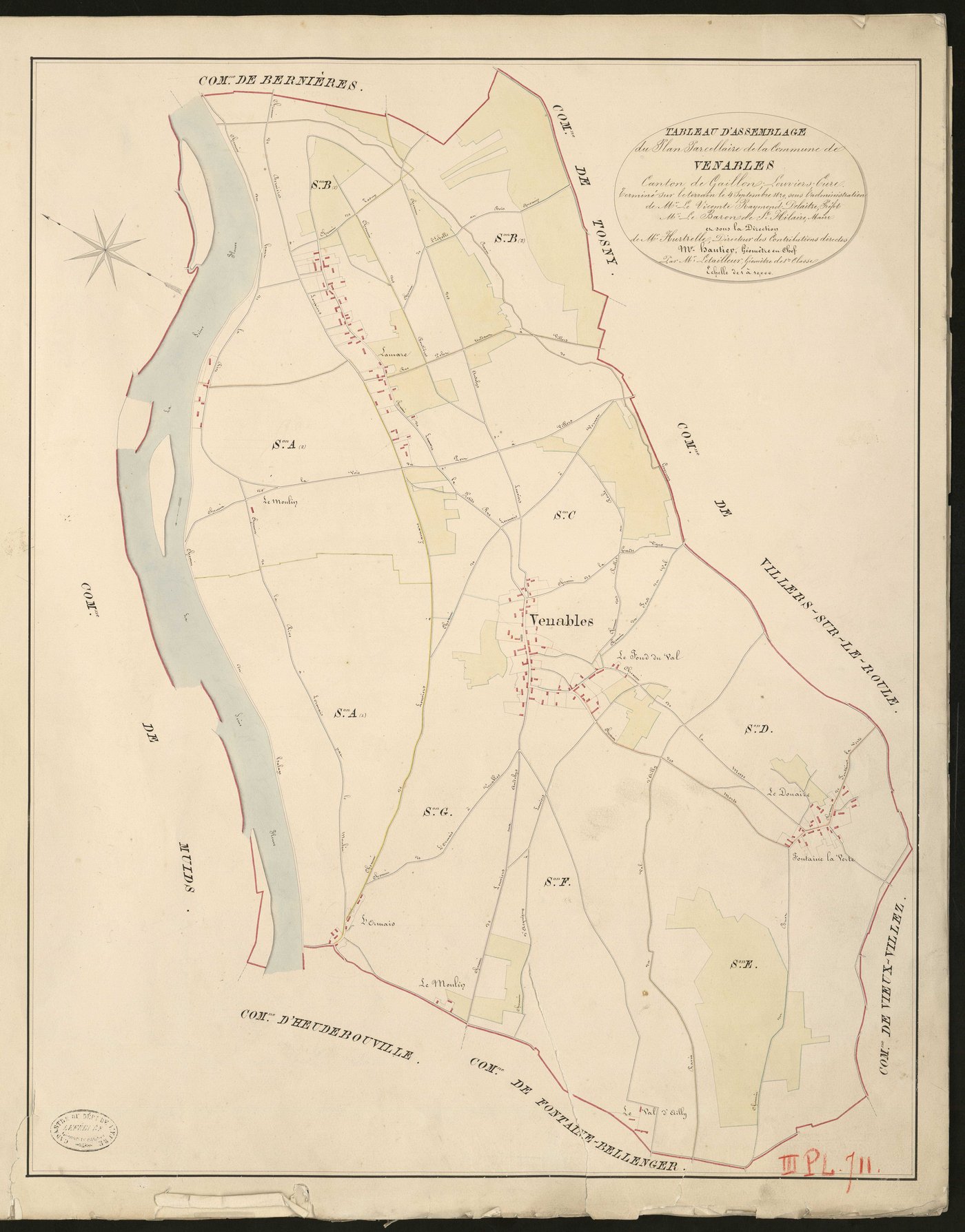 Venables. Tableau d'assemblage du Plan Parcellaire de la Commune de Venables _ Canton de Gaillon - Louviers - Eure. _ Terminé sur le terrain le 4 septembre 1829, sous l'administration de M. Le Vicomte Raymond Delaitre, Préfet - M. le Baron 