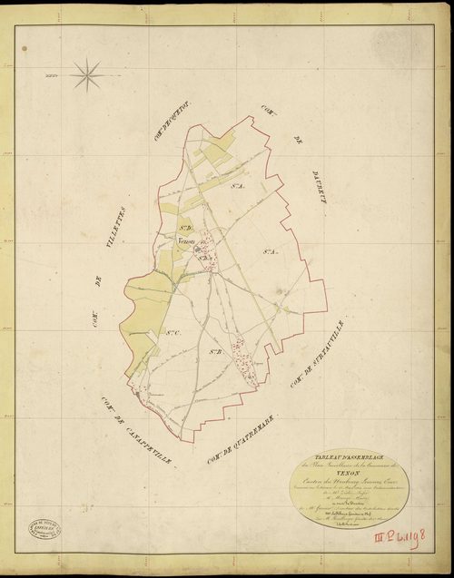 Venon. Tableau d'assemblage _ du Plan Parcellaire de la Commune de Venon _ Canton de Neubourg - Louviers - Eure. _ Terminé sur le Terrain le 28 Mars 1844, sous l'administration de M. Zédé, Préfet _ M. Maugé, Maire _ et sous la Direction de 