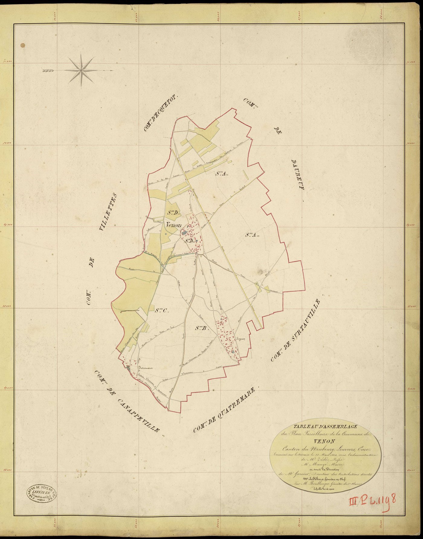 Venon. Tableau d'assemblage _ du Plan Parcellaire de la Commune de Venon _ Canton de Neubourg - Louviers - Eure. _ Terminé sur le Terrain le 28 Mars 1844, sous l'administration de M. Zédé, Préfet _ M. Maugé, Maire _ et sous la Direction de 
