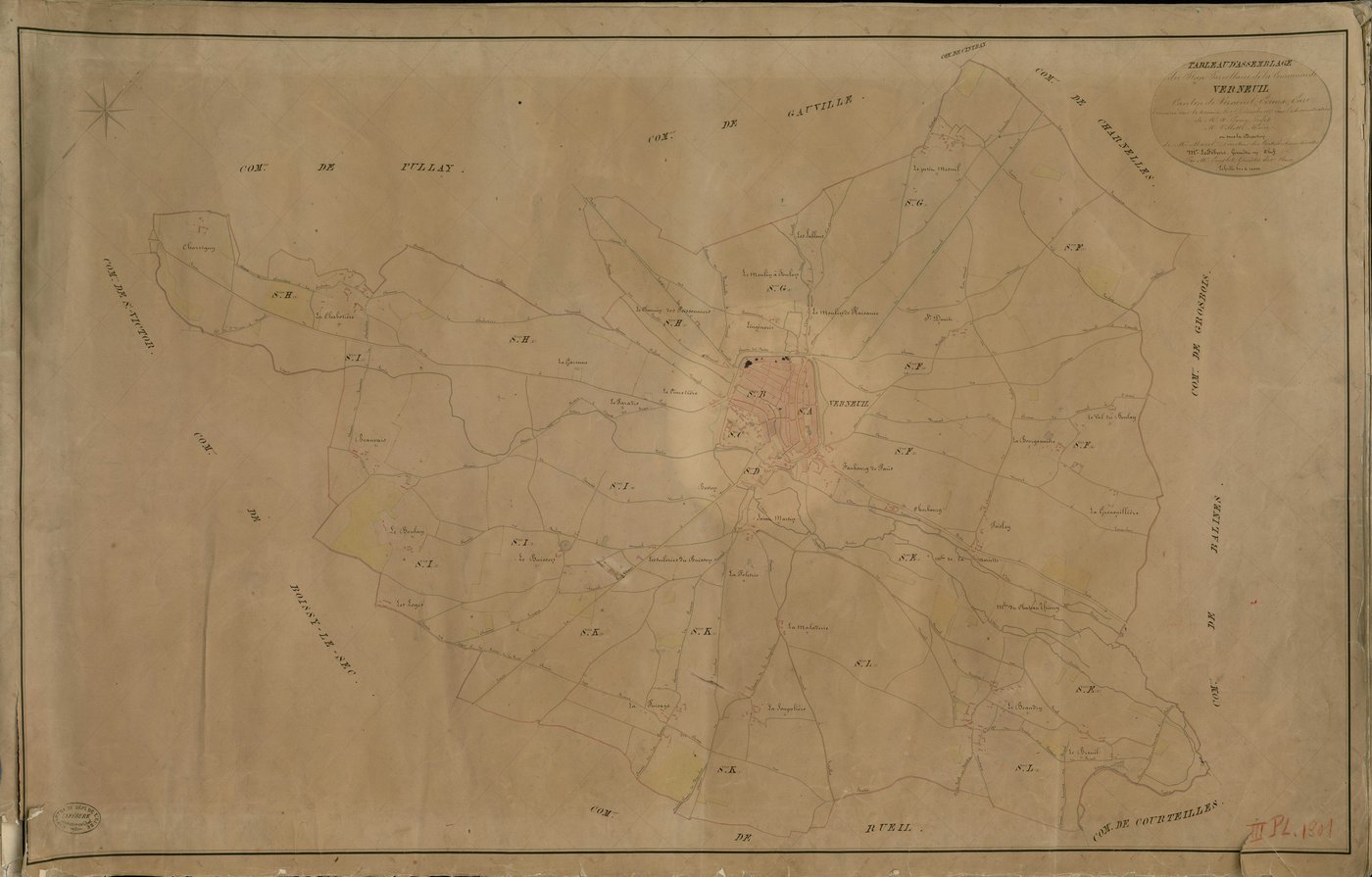 Verneuil-sur-Avre. Tableau d'assemblage _ du Plan Parcellaire de la Commune de Verneuil _ Canton de Verneuil - Evreux - Eure. _ Terminé sur le Terrain le 27 Décembre 1837, sous l'administration de M. A. Passy, Préfet _ M. Villette, Maire _ 