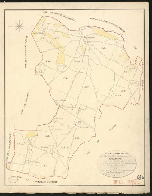 Verneusses. Tableau d'assemblage du Plan Parcellaire de la Commune de Verneusse. _ Canton de Broglie - Bernay - Eure. _ Terminé sur le terrain le 10 septembre 1831, sous l'administration de M. Passy, Préfet - M. Vallée, Maire et sous la dir