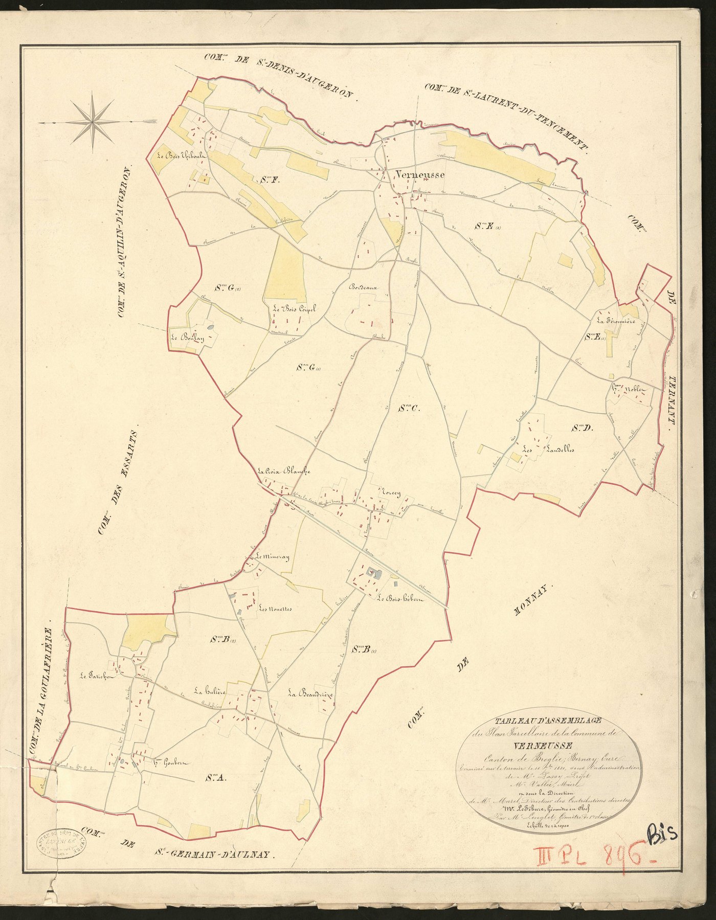 Verneusses. Tableau d'assemblage du Plan Parcellaire de la Commune de Verneusse. _ Canton de Broglie - Bernay - Eure. _ Terminé sur le terrain le 10 septembre 1831, sous l'administration de M. Passy, Préfet - M. Vallée, Maire et sous la dir