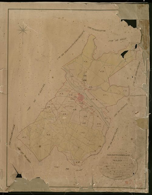 Vernon. Tableau d'assemblage _ du Plan Parcellaire de la Commune de Vernon _ Canton de Vernon - Evreux - Eure. _ Terminé sur le Terrain en 1825, sous l'administration de M. Le Vicomte Raymond Delaitre, Préfet _ M. Delleuville, Maire _ et so