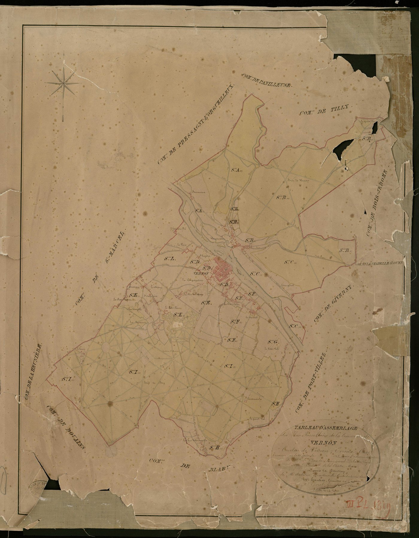 Vernon. Tableau d'assemblage _ du Plan Parcellaire de la Commune de Vernon _ Canton de Vernon - Evreux - Eure. _ Terminé sur le Terrain en 1825, sous l'administration de M. Le Vicomte Raymond Delaitre, Préfet _ M. Delleuville, Maire _ et so