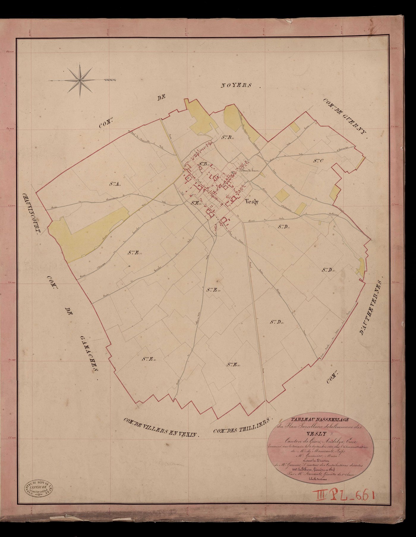 Vesly. Tableau d'assemblage du Plan Parcellaire de la Commune de Vesly. _ Canton de Gisors - Andelys - Eure. _ Terminé sur le terrain le 2 septembre 1840, sous l'administration de M. de Monicault, Préfet - M. Guesnier, Maire et sous la dire