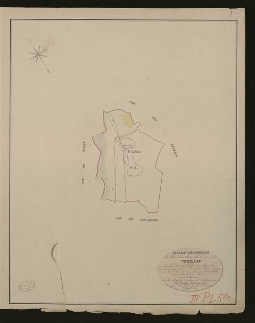 Vézillon. Tableau d'assemblage du Plan Parcellaire de la Commune de Vézillon. _ Canton des Andelys - Andelys, Eure. _ Terminé le terrain en 1830, sous l'administration de M. Le Vicomte Raymond Delaitre, Préfet - M. Challenge, Maire et sous 