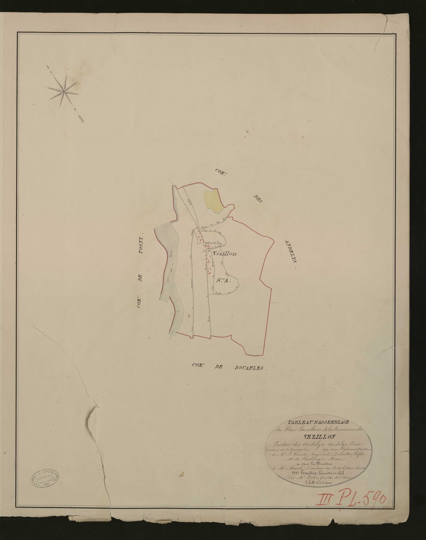 Vézillon. Tableau d'assemblage du Plan Parcellaire de la Commune de Vézillon. _ Canton des Andelys - Andelys, Eure. _ Terminé le terrain en 1830, sous l'administration de M. Le Vicomte Raymond Delaitre, Préfet - M. Challenge, Maire et sous 