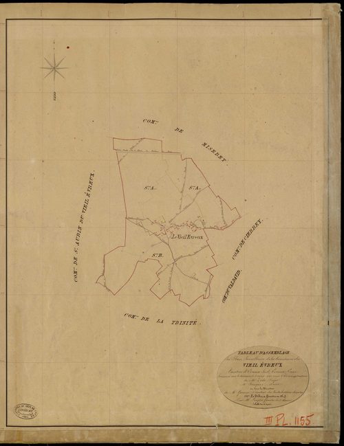 Vieil-Evreux (Le). Tableau d'assemblage _ du Plan Parcellaire de la Commune du Vieil Evreux _ Canton de Evreux Sud - Evreux - Eure. _ Terminé sur le Terrain le 3 Aout 1842, sous l'administration de M. Zédé, Préfet _ M. Fouguet, Maire _ sous