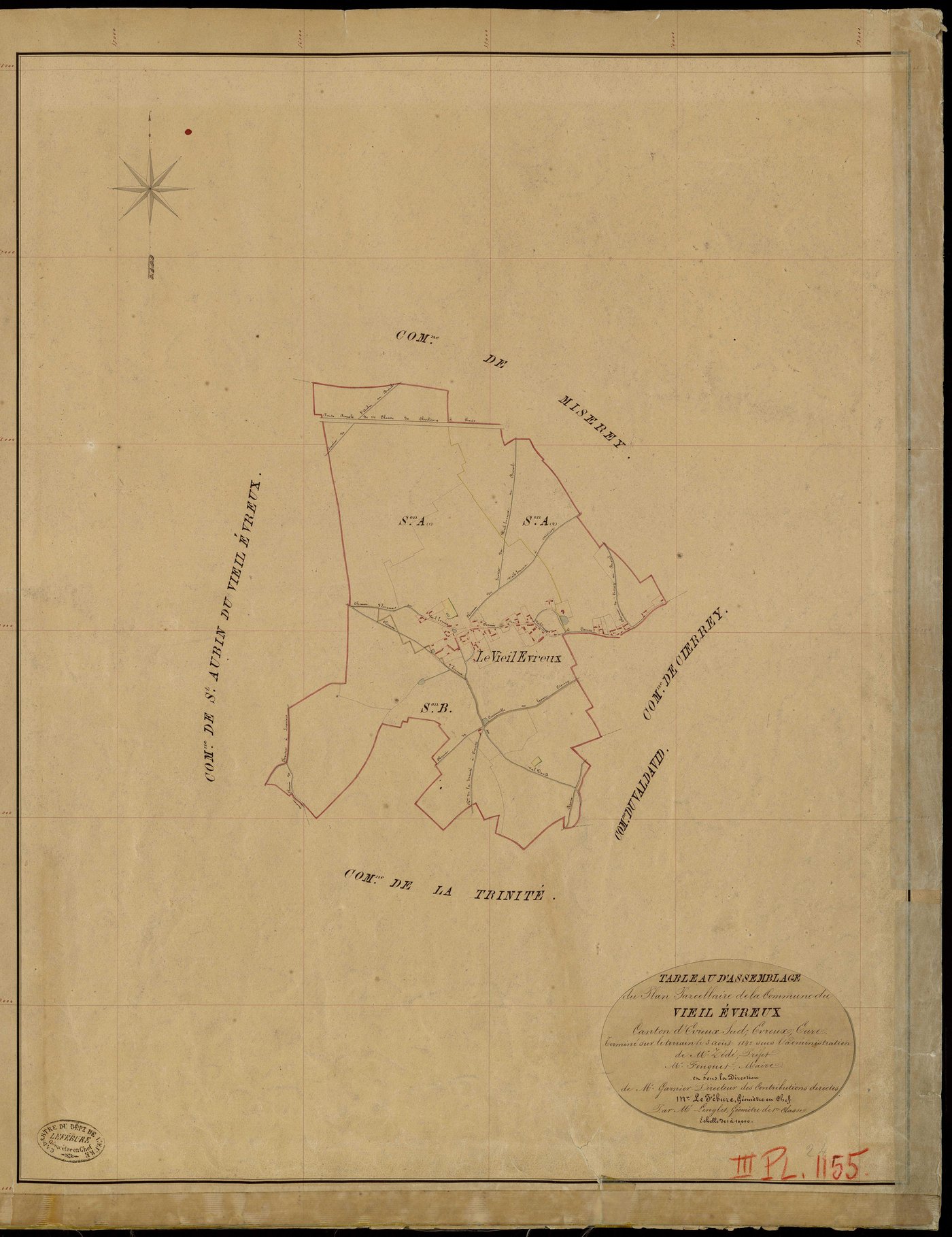 Vieil-Evreux (Le). Tableau d'assemblage _ du Plan Parcellaire de la Commune du Vieil Evreux _ Canton de Evreux Sud - Evreux - Eure. _ Terminé sur le Terrain le 3 Aout 1842, sous l'administration de M. Zédé, Préfet _ M. Fouguet, Maire _ sous