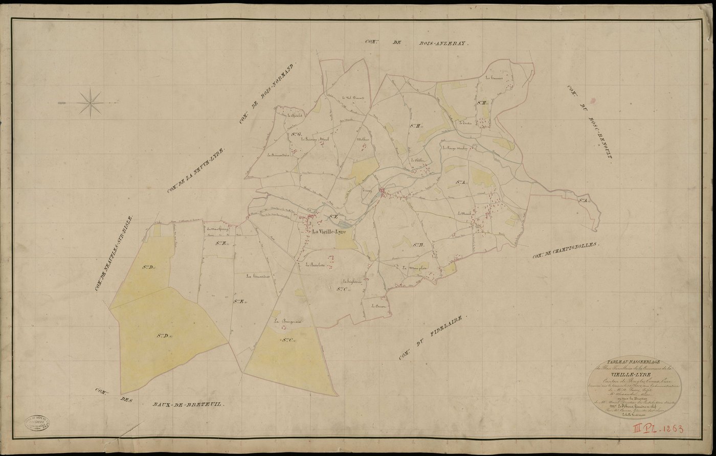Vieille-Lyre (La). Tableau d'assemblage _ du Plan Parcellaire de la Commune de Vieille-Lyre _ Canton de Rugles - Evreux - Eure. _ Terminé sur le Terrain le 28 Septembre 1834, sous l'administration de M. A Passy, Préfet _ M. Alexandre, Maire