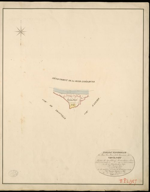 Vieux-Port. Tableau d'assemblage _ du Plan Parcellaire de la Commune de Vieux-Port _ Canton de Quillebeuf - Pontaudemer - Eure. _ Terminé sur le Terrain en 1824, sous l'administration de M. de Chambaudoin, Préfet _ M. Lemarié, Maire _ sous 