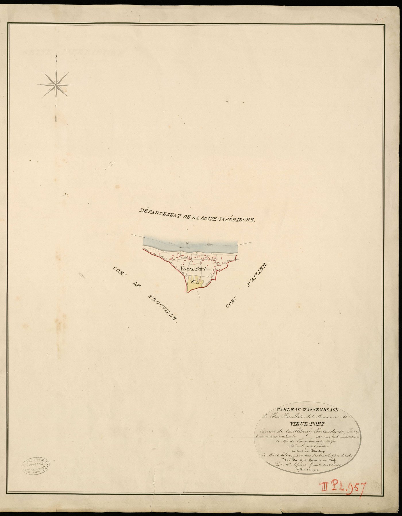 Vieux-Port. Tableau d'assemblage _ du Plan Parcellaire de la Commune de Vieux-Port _ Canton de Quillebeuf - Pontaudemer - Eure. _ Terminé sur le Terrain en 1824, sous l'administration de M. de Chambaudoin, Préfet _ M. Lemarié, Maire _ sous 