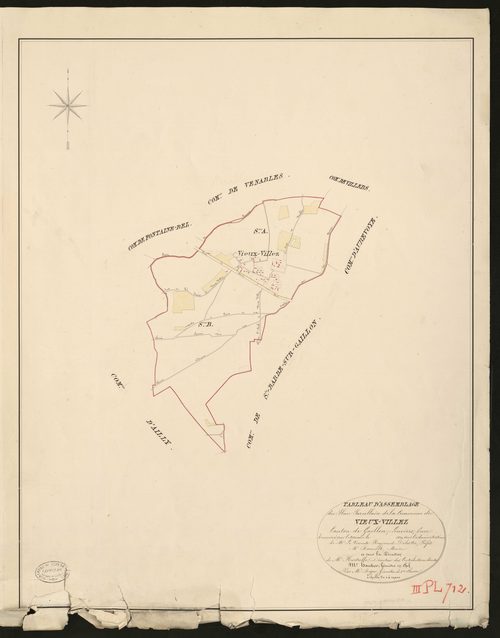 Vieux-Villez. Tableau d'assemblage du Plan Parcellaire de la Commune de Vieux-Villez _ Canton de Gaillon - Louviers - Eure. _ Terminé sur le terrain en 1829, sous l'administration de M. Le Vicomte Raymond Delaitre, Préfet - M. le Baron de S
