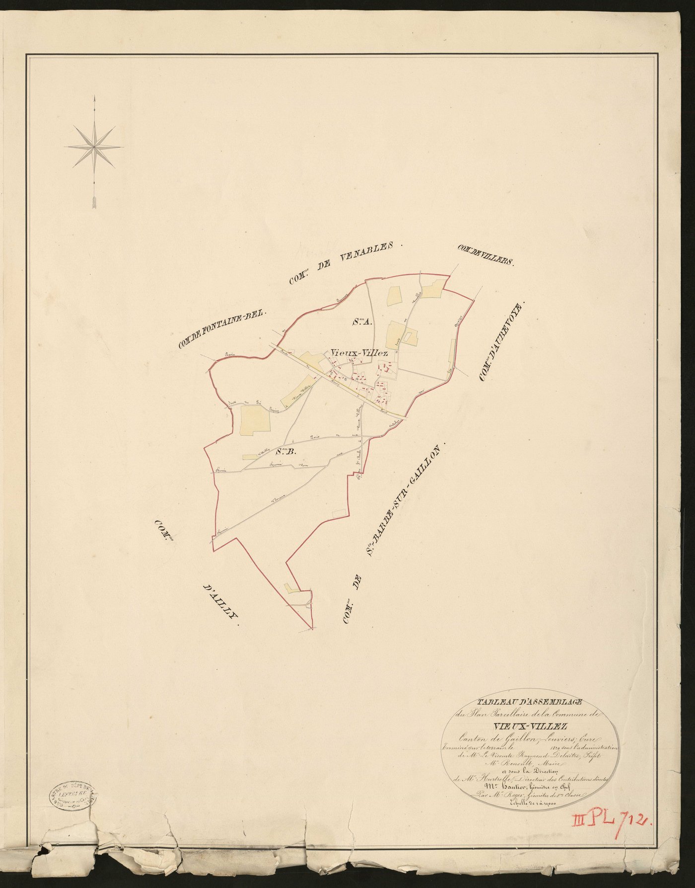 Vieux-Villez. Tableau d'assemblage du Plan Parcellaire de la Commune de Vieux-Villez _ Canton de Gaillon - Louviers - Eure. _ Terminé sur le terrain en 1829, sous l'administration de M. Le Vicomte Raymond Delaitre, Préfet - M. le Baron de S