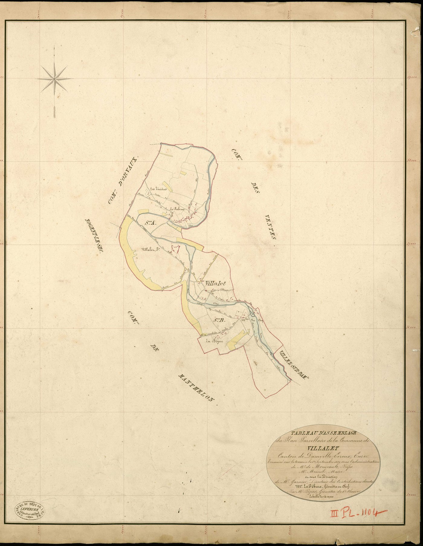 Villalet. Tableau d'assemblage _ du Plan Parcellaire de la Commune de Villalet _ Canton de Damville - Evreux - Eure. _ Terminé sur le Terrain le 1 Septembre 1839 , sous l'administration de M. de Monicault, Préfet _ M. Mesnil, Maire _ sous l