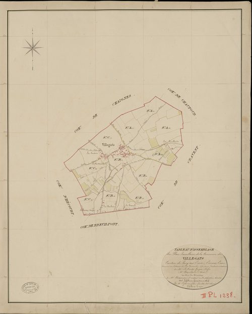Villegats. Tableau d'assemblage _ du Plan Parcellaire de la Commune de Villegats _ Canton de Pacy sur Eure - Evreux - Eure. _ Terminé sur le Terrain le 20 Novembre 1851, sous l'administration de M. Le Comte Guyot, Préfet _ M. Chapelain, Mai