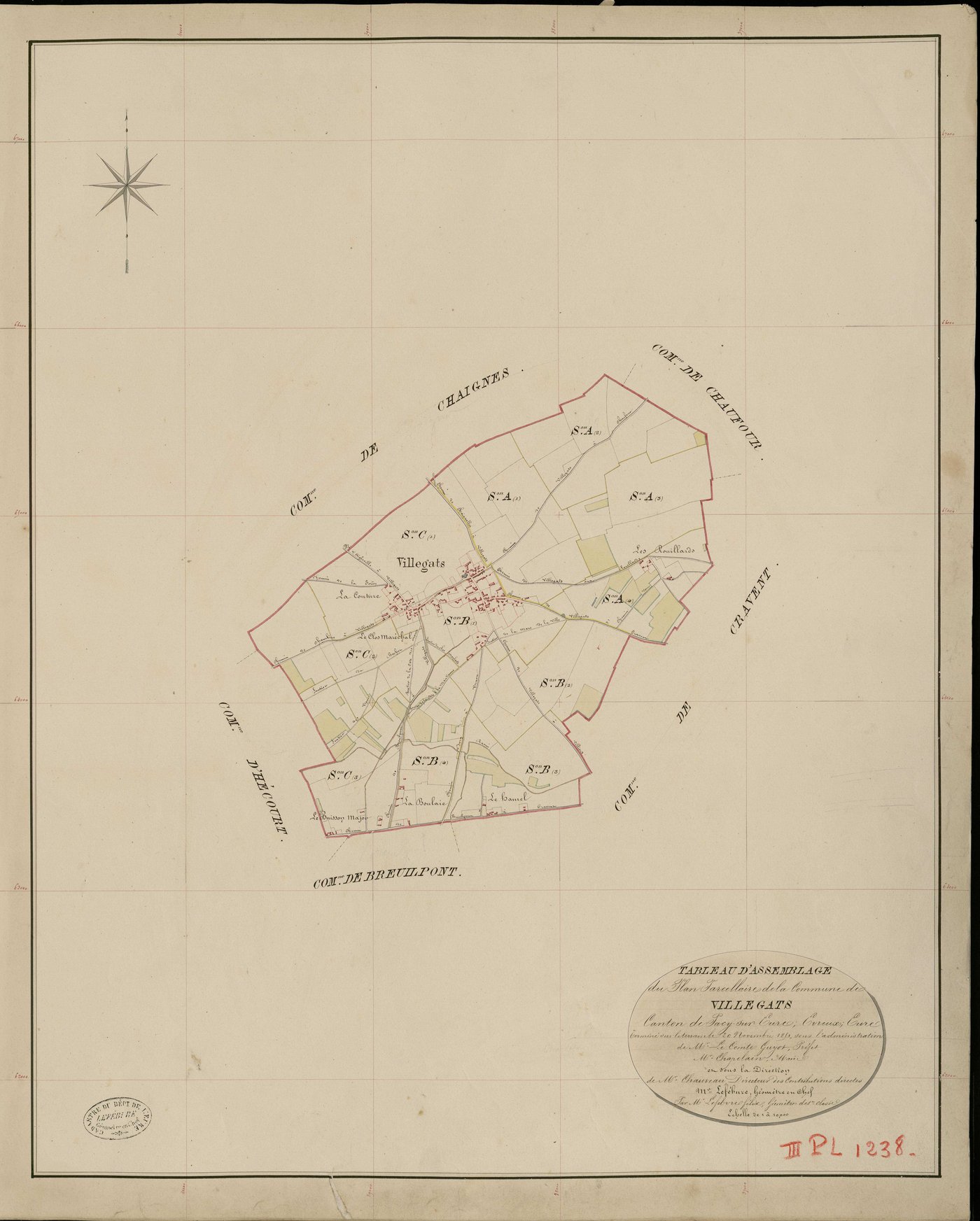 Villegats. Tableau d'assemblage _ du Plan Parcellaire de la Commune de Villegats _ Canton de Pacy sur Eure - Evreux - Eure. _ Terminé sur le Terrain le 20 Novembre 1851, sous l'administration de M. Le Comte Guyot, Préfet _ M. Chapelain, Mai