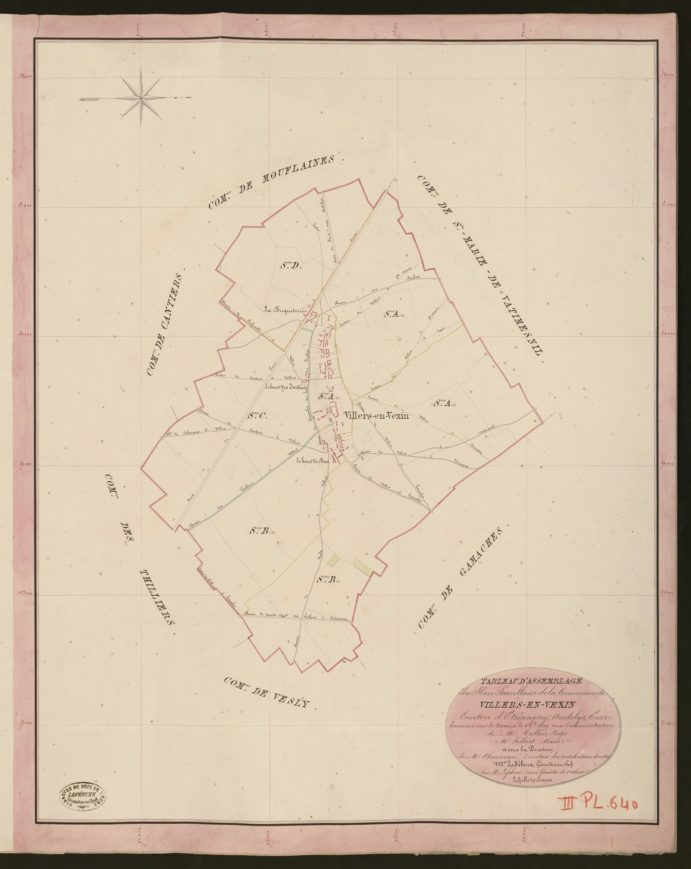 Villers-en-Vexin. Tableau d'assemblage du Plan Parcellaire de la Commune de Villers-en-Vexin. _ Canton d'Etrépagny - Andelys - Eure. _ Terminé sur le terrain le 6 septembre 1849, sous l'administration de M. Vallon, Préfet - M. hébert, Maire