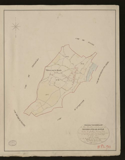 Villers-sur-le-Roule. Tableau d'assemblage du Plan Parcellaire de la Commune de Villers-sur-le-Roule _ Canton de Gaillon - Louviers - Eure. _ Terminé sur le terrain le 1er Octobre 1829, sous l'administration de M. Le Vicomte Raymond Delaitr
