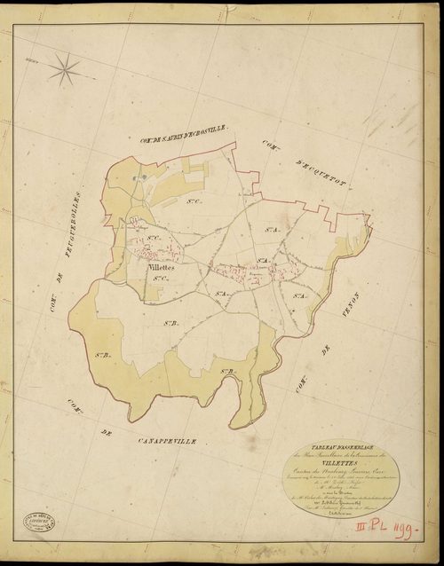 Villettes. Tableau d'assemblage _ du Plan Parcellaire de la Commune de Villettes _ Canton de Neubourg - Louviers - Eure. _ Terminé sur le Terrain le 28 Juin 1845, sous l'administration de M. Zédé, Préfet _ M. Meslay, Maire _ et sous la Dire