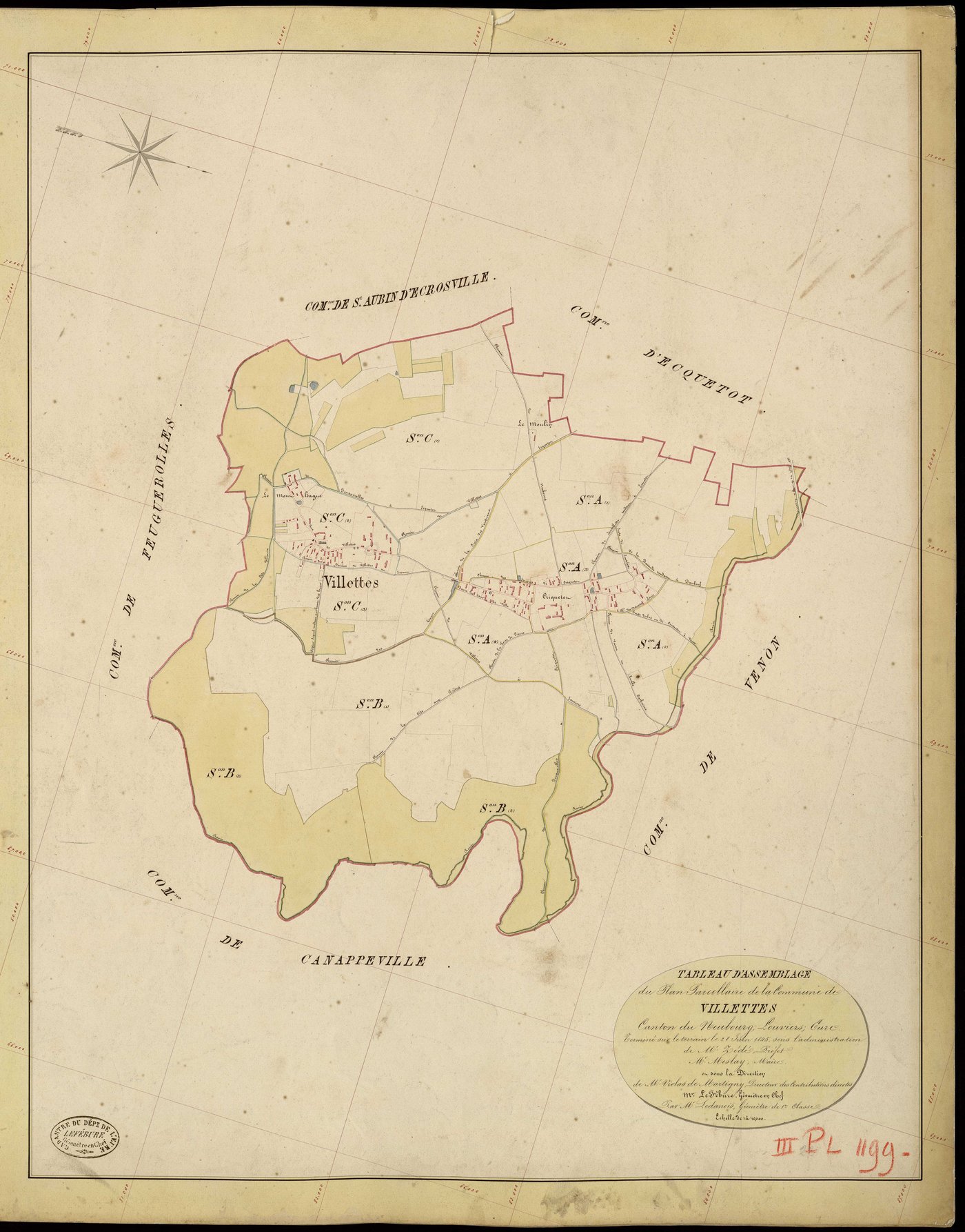 Villettes. Tableau d'assemblage _ du Plan Parcellaire de la Commune de Villettes _ Canton de Neubourg - Louviers - Eure. _ Terminé sur le Terrain le 28 Juin 1845, sous l'administration de M. Zédé, Préfet _ M. Meslay, Maire _ et sous la Dire