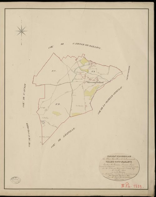 Villez-sous-Bailleul. Tableau d'assemblage _ du Plan Parcellaire de la Commune de Villez-sous-Bailleul _ Canton de Vernon - Evreux - Eure. _ Terminé sur le Terrain en 1825, sous l'administration de M. Le Vicomte Raymond Delaitre, Préfet _ M