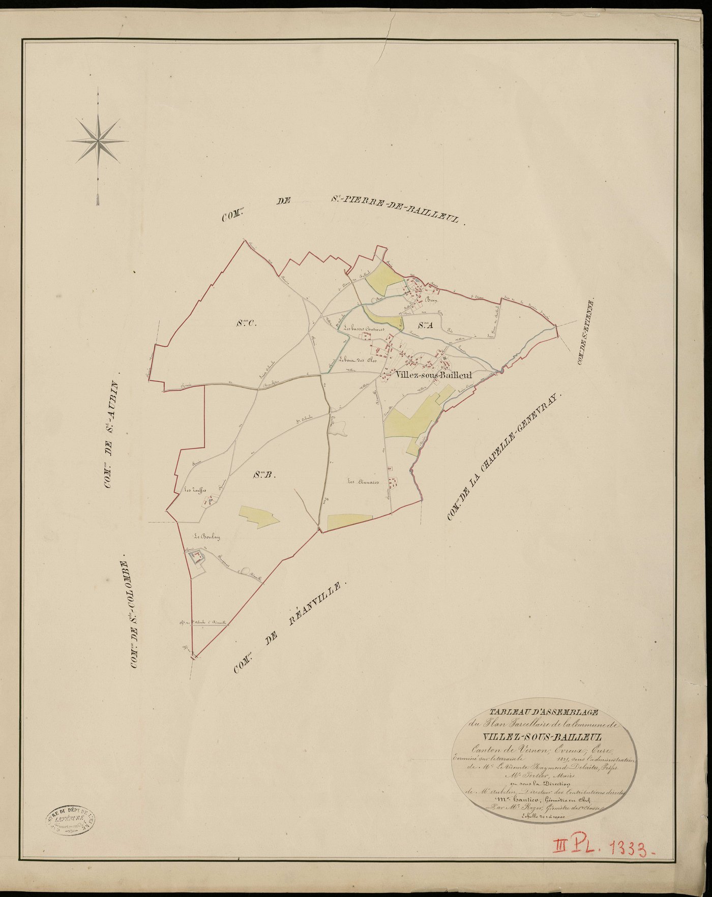 Villez-sous-Bailleul. Tableau d'assemblage _ du Plan Parcellaire de la Commune de Villez-sous-Bailleul _ Canton de Vernon - Evreux - Eure. _ Terminé sur le Terrain en 1825, sous l'administration de M. Le Vicomte Raymond Delaitre, Préfet _ M