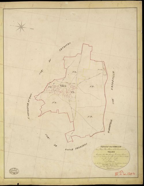 Villez-sur-le-Neubourg. Tableau d'assemblage _ du Plan Parcellaire de la Commune de Villez _ Canton de Neubourg - Louviers - Eure. _ Terminé sur le Terrain le 16 Mai 1845, sous l'administration de M. Zédé, Préfet _ M. Dufour, Maire _ et sou