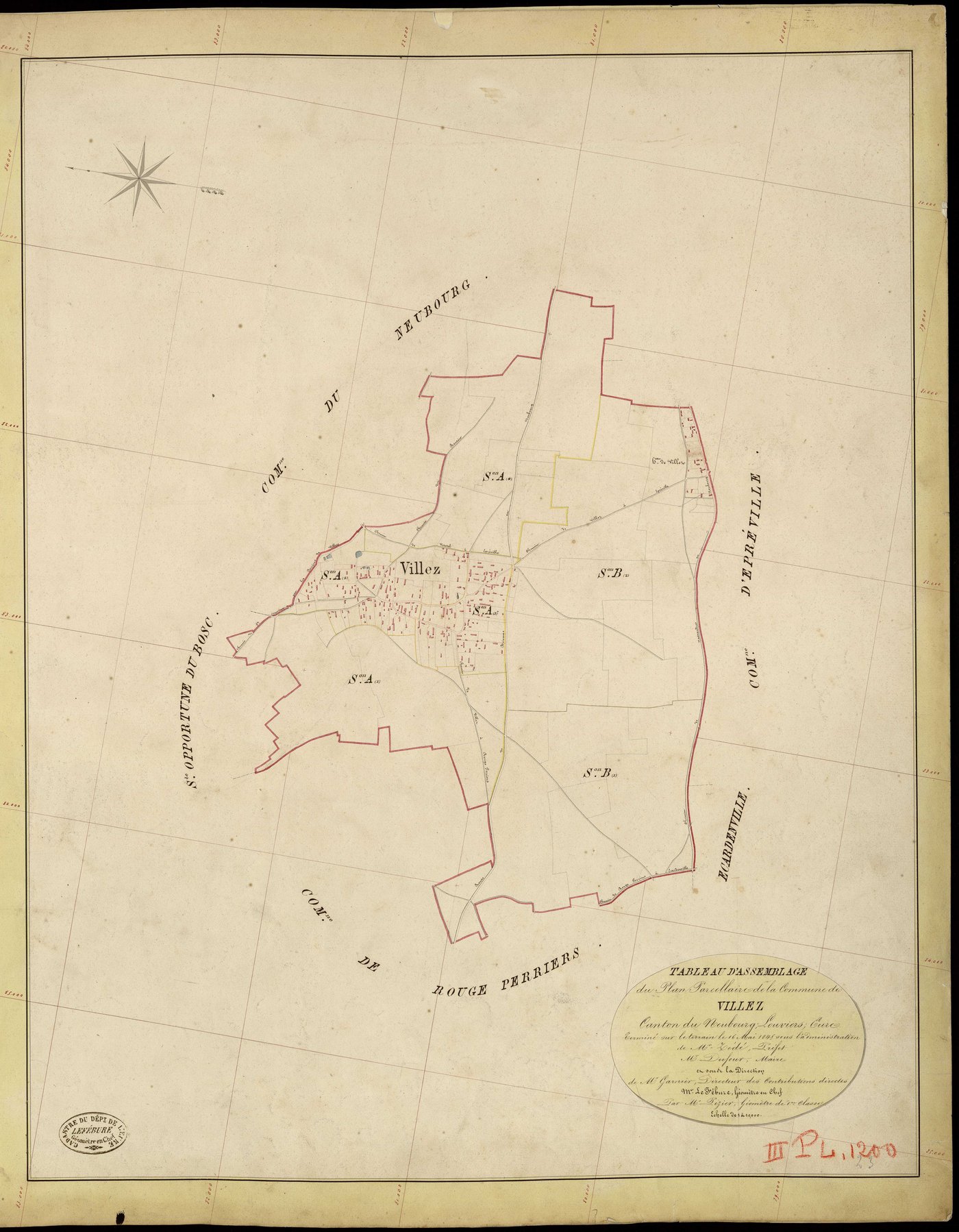 Villez-sur-le-Neubourg. Tableau d'assemblage _ du Plan Parcellaire de la Commune de Villez _ Canton de Neubourg - Louviers - Eure. _ Terminé sur le Terrain le 16 Mai 1845, sous l'administration de M. Zédé, Préfet _ M. Dufour, Maire _ et sou