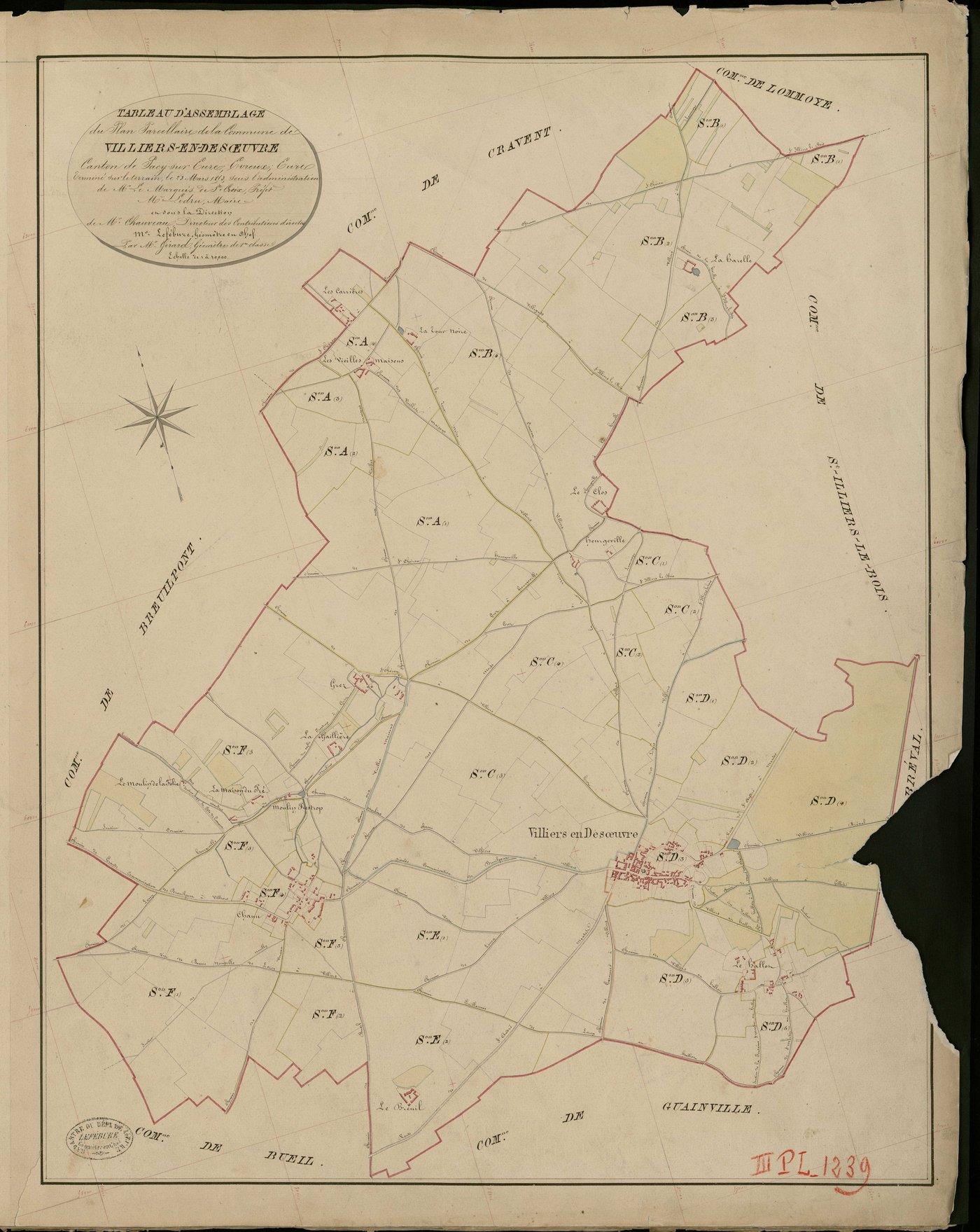 Villiers-en-Désœuvre. Tableau d'assemblage _ du Plan Parcellaire de la Commune de Villiers en Desoeuvre _ Canton de Pacy sur Eure - Evreux - Eure. _ Terminé sur le Terrain le 23 Mars 1853, sous l'administration de M. Le Marquis de Ste Croix
