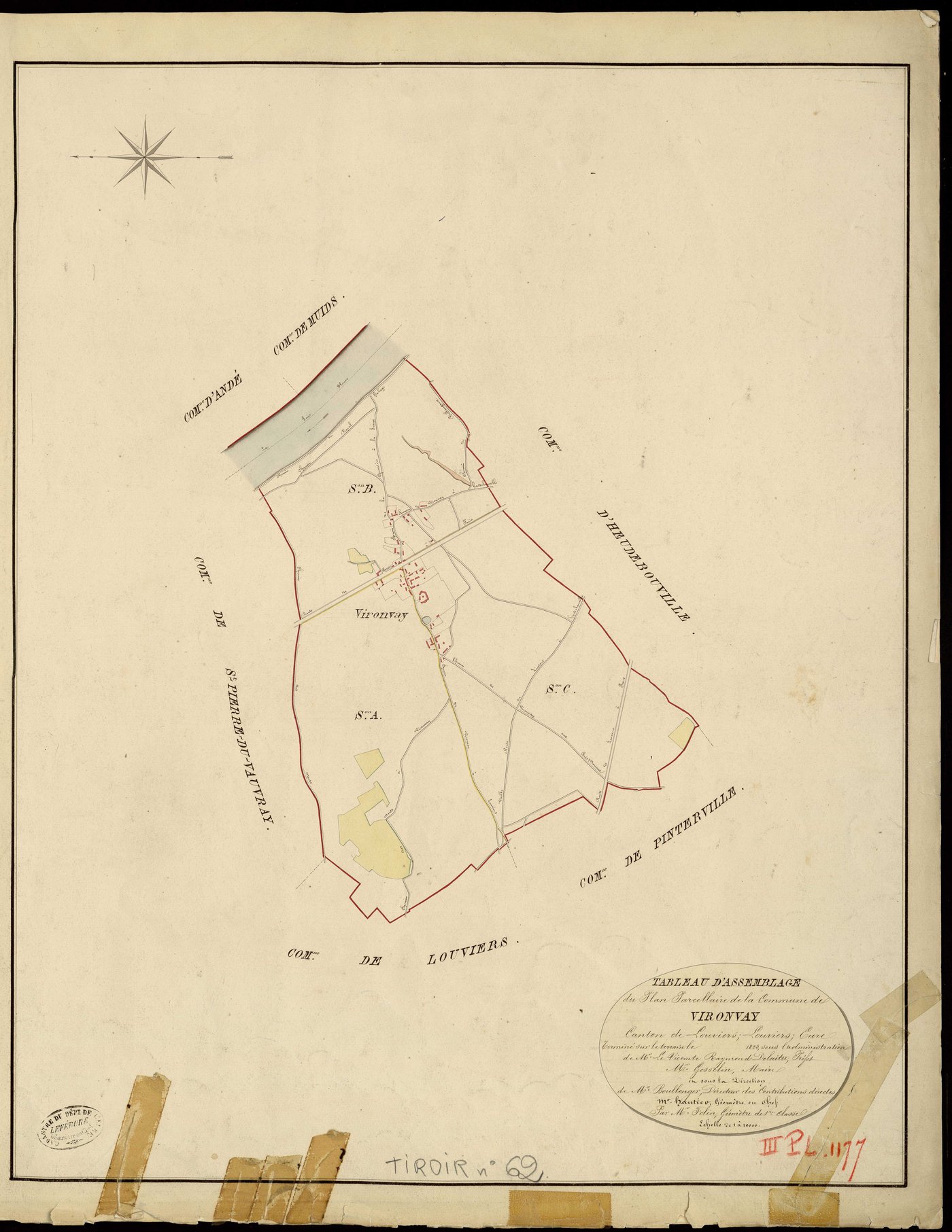 Vironvay. Tableau d'assemblage _ du Plan Parcellaire de la Commune de Vironvay _ Canton de Louviers - Louviers - Eure. _ Terminé sur le Terrain en 1823, sous l'administration de M. Le Vicomte Raymond Delaitre, Préfet _ M. Gosselin, Maire _ 