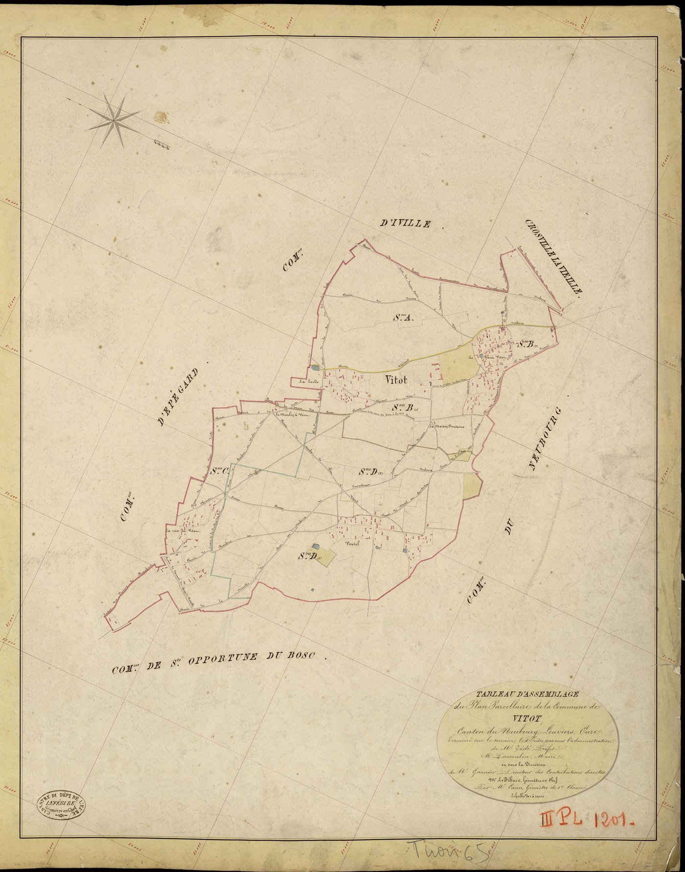 Vitot. Tableau d'assemblage _ du Plan Parcellaire de la Commune de Vitot _ Canton de Neubourg - Louviers - Eure. _ Terminé sur le Terrain le 18 Juin 1844, sous l'administration de M. Zédé, Préfet _ M. Dumoulin, Maire _ et sous la Direction 