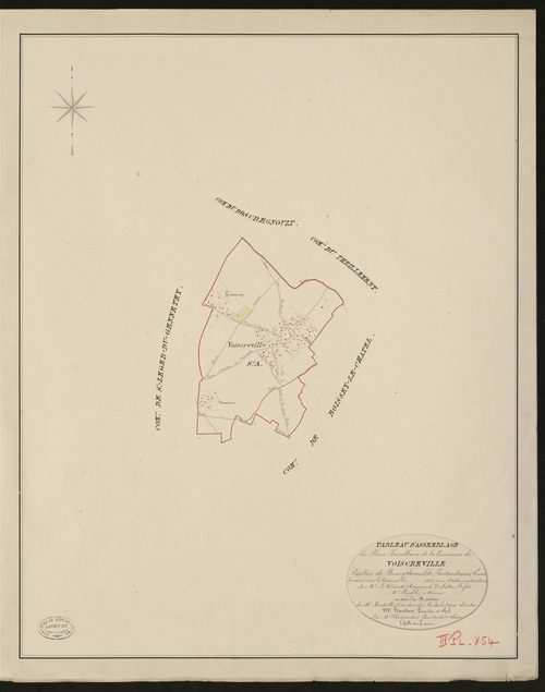 Voiscreville. Tableau d'assemblage du Plan Parcellaire de la Commune de Voiscreville. _ Canton de Bourgtheroulde - Pontaudemer - Eure. _ Terminé sur le terrain en 1828, sous l'administration de M. Le Vicomte Raymond Delaitre, Préfet - M. Co