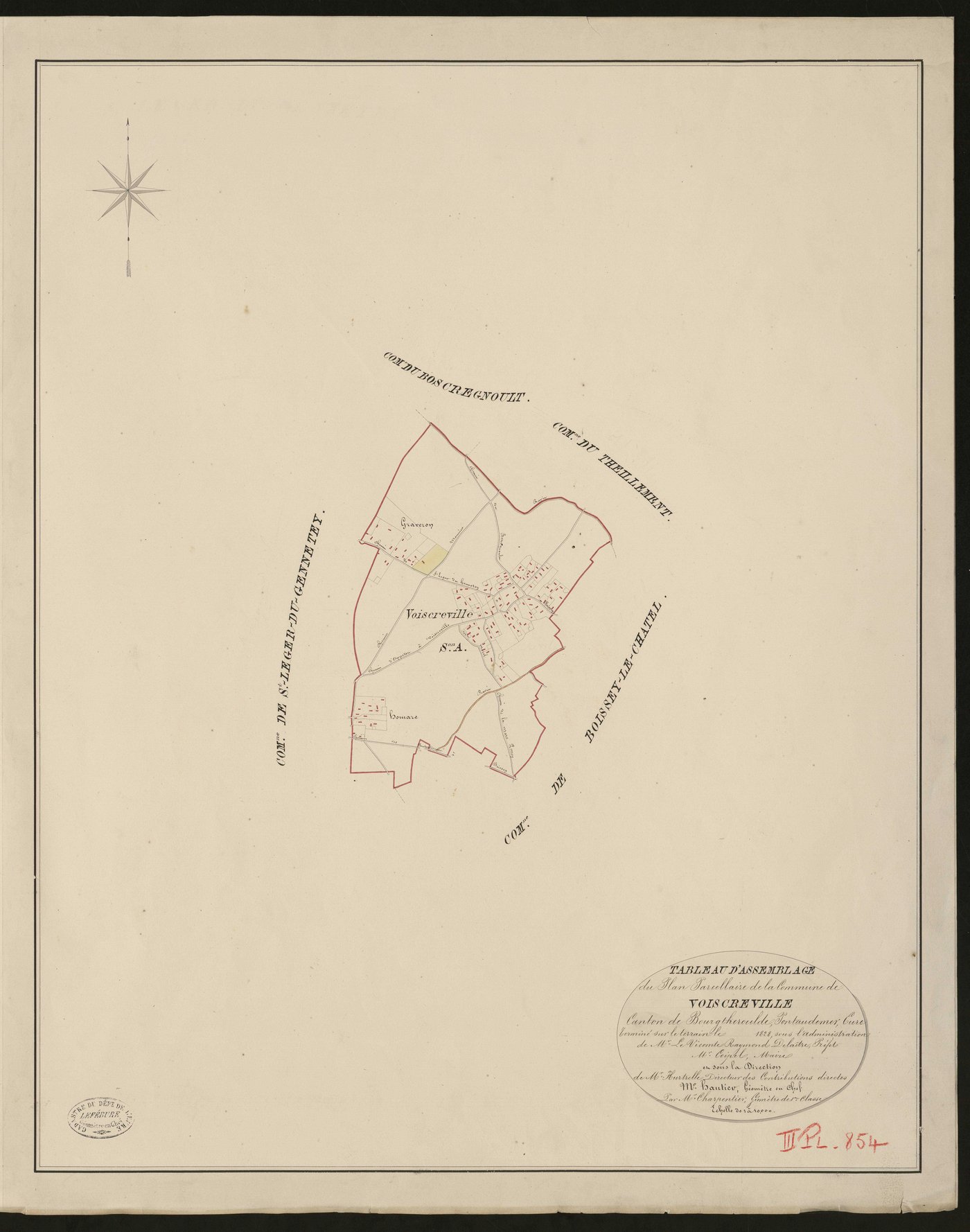 Voiscreville. Tableau d'assemblage du Plan Parcellaire de la Commune de Voiscreville. _ Canton de Bourgtheroulde - Pontaudemer - Eure. _ Terminé sur le terrain en 1828, sous l'administration de M. Le Vicomte Raymond Delaitre, Préfet - M. Co