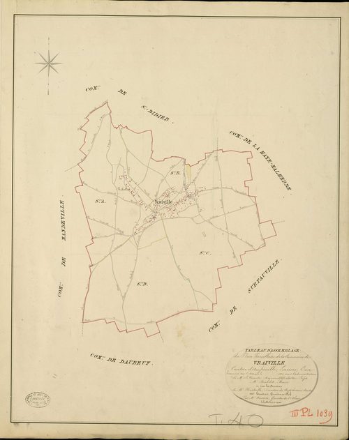 Vraiville. Tableau d'assemblage _ du Plan Parcellaire de la Commune de Vraiville _ Canton d'Amfreville - Louviers - Eure. _ Terminé sur le Terrain en 1828 , sous l'administration de M. Le Vicomte Raymond Delaître , Préfet _ M. Bourdet, Mair