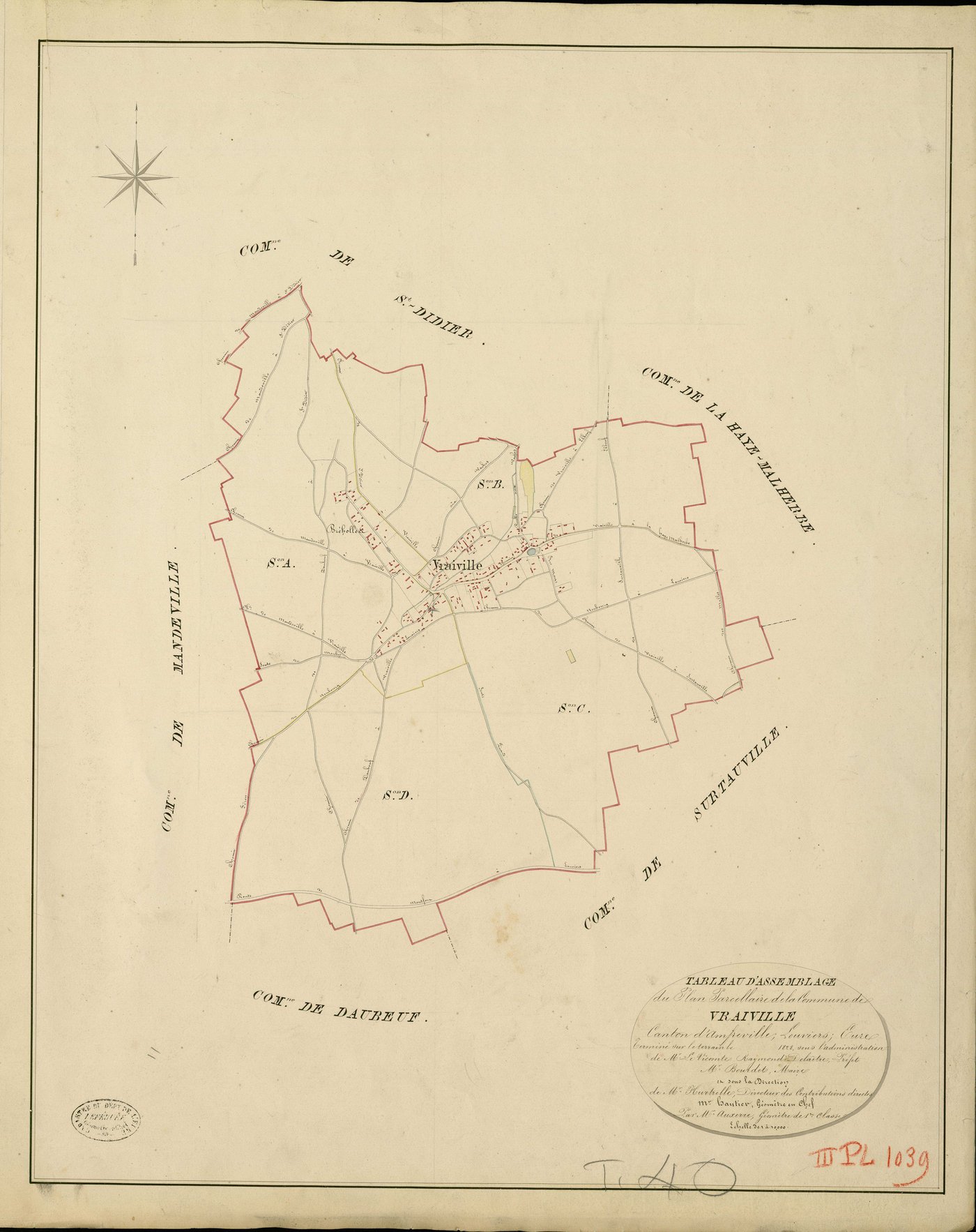Vraiville. Tableau d'assemblage _ du Plan Parcellaire de la Commune de Vraiville _ Canton d'Amfreville - Louviers - Eure. _ Terminé sur le Terrain en 1828 , sous l'administration de M. Le Vicomte Raymond Delaître , Préfet _ M. Bourdet, Mair