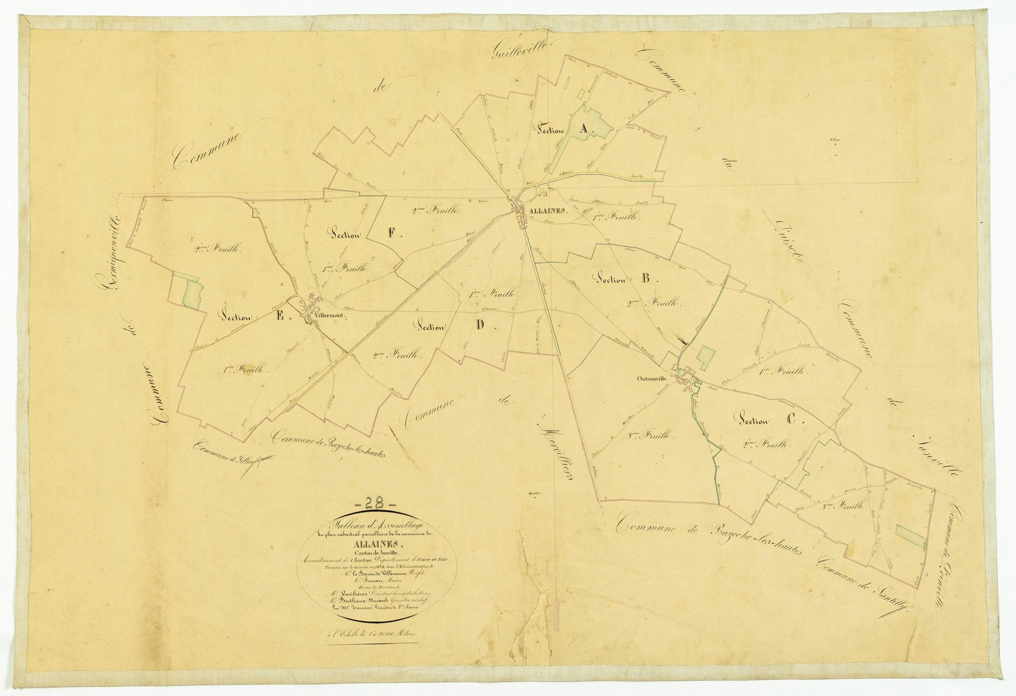 Tableau d'assemblage du plan cadastral parcellaire de la commune de Allaines, Canton de Janville, Arrondissement de Chartres / Terminé sur le terrain en 1838 (...) par Monsieur Tarnier, Géomètre de 1ère classe.