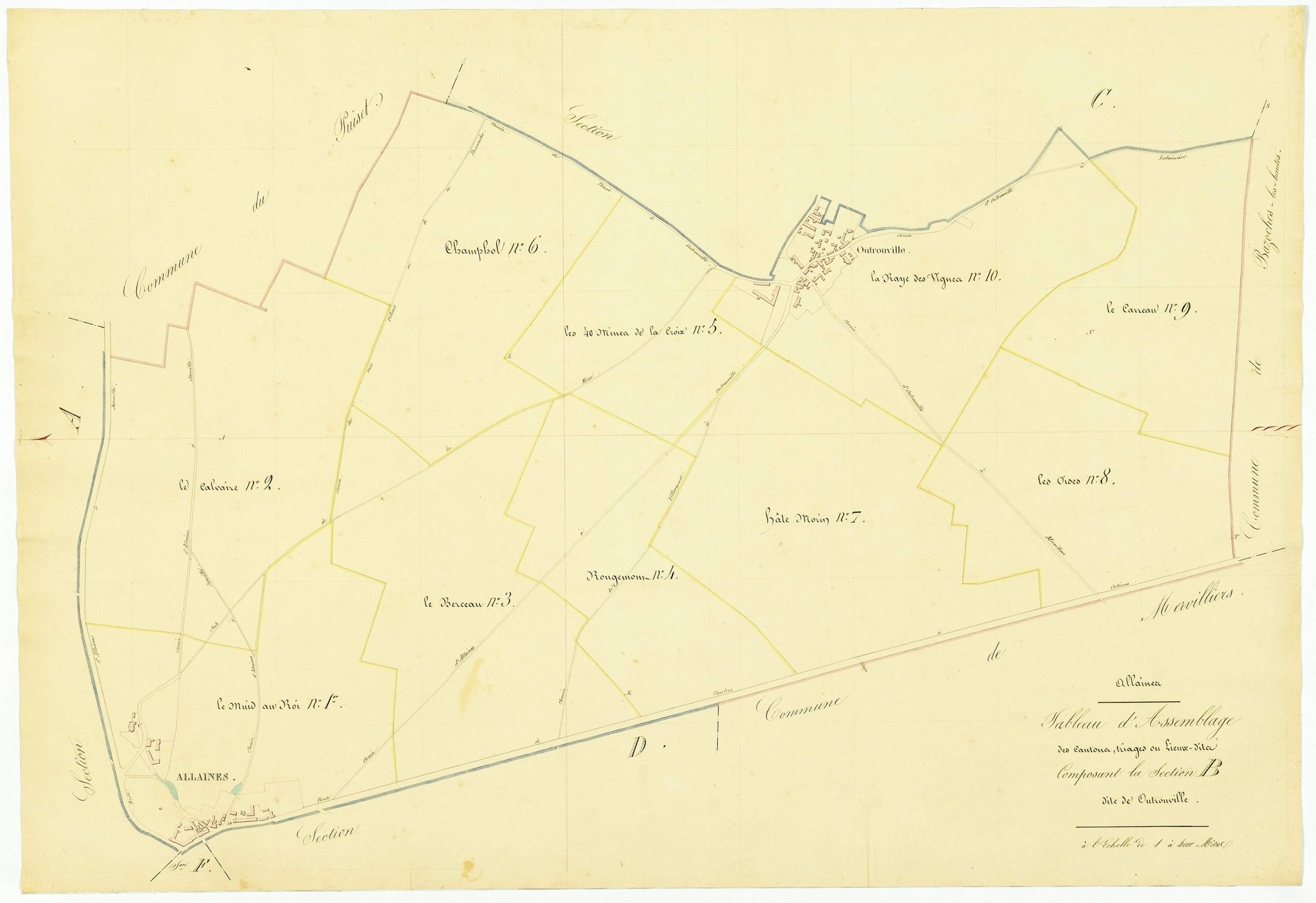 Tableau d'assemblage des cantons, triages ou lieux-dits composant la section B, Outrouville.