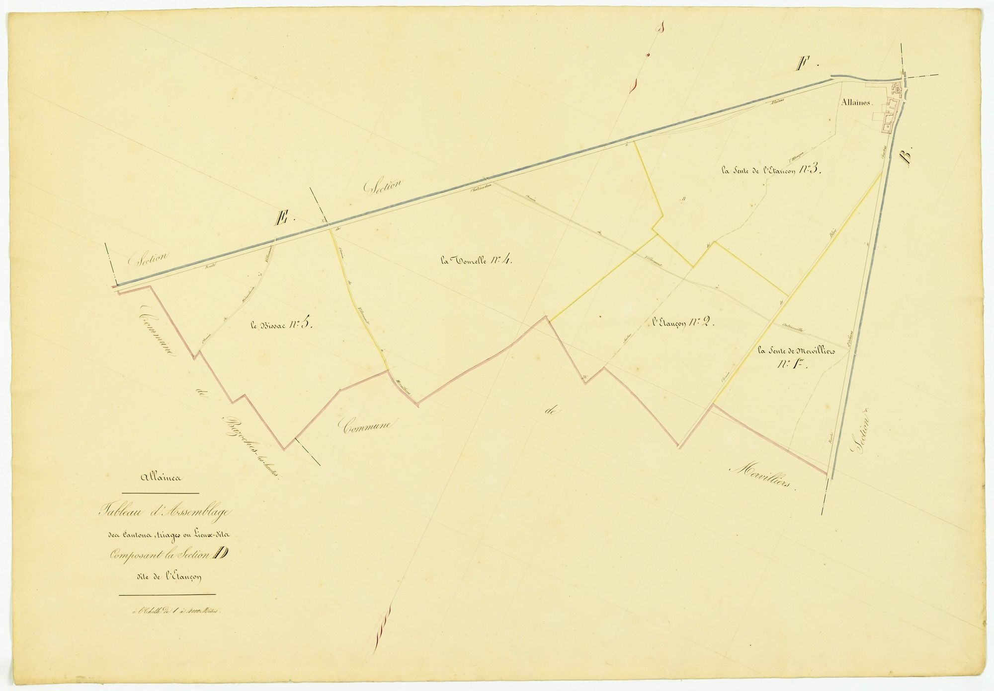 Tableau d'assemblage des cantons, triages, ou lieux-dits composant la section D, l'Etançon.