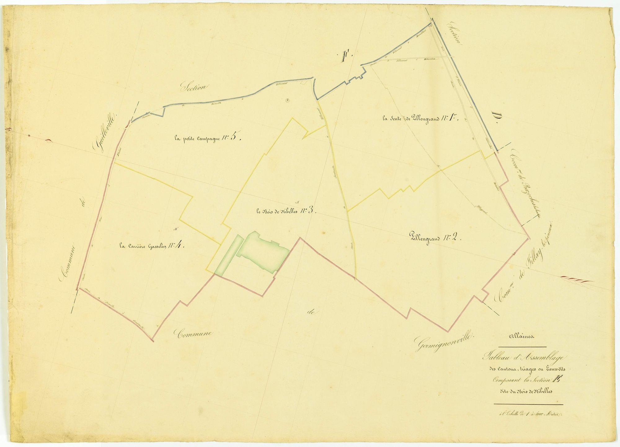 Tableau d'assemblage des cantons, triages ou lieux-dits composant la section E, le Bois de Nibelles.