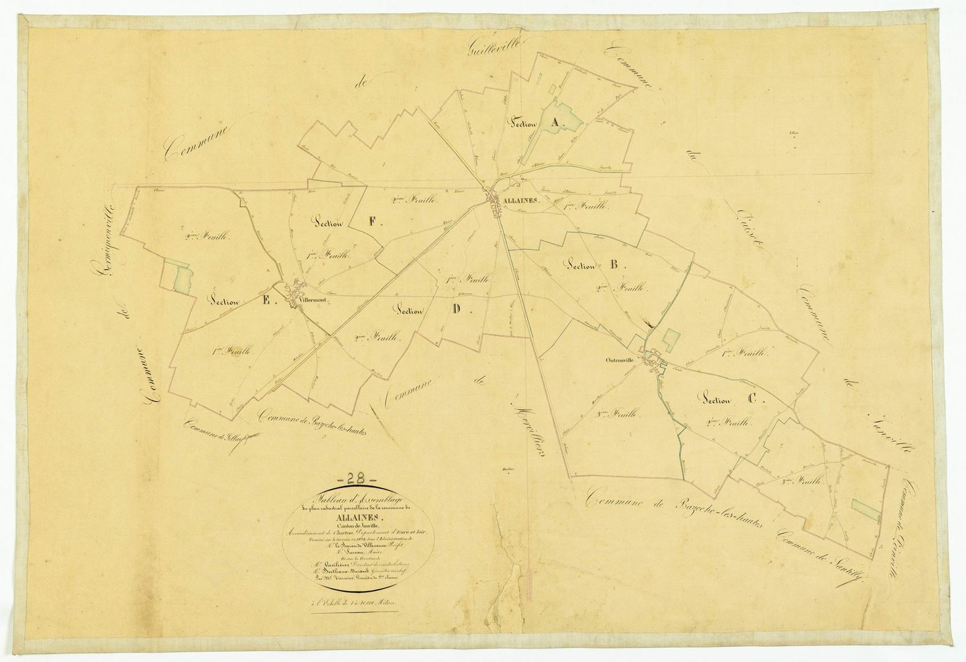 Tableau d'assemblage du plan cadastral parcellaire de la commune de Allaines, Canton de Janville, Arrondissement de Chartres / Terminé sur le terrain en 1838 (...) par Monsieur Tarnier, Géomètre de 1ère classe.