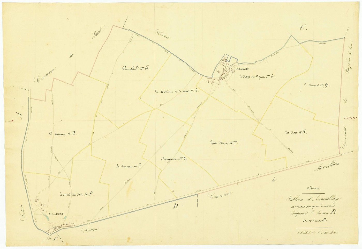 Tableau d'assemblage des cantons, triages ou lieux-dits composant la section B, Outrouville.