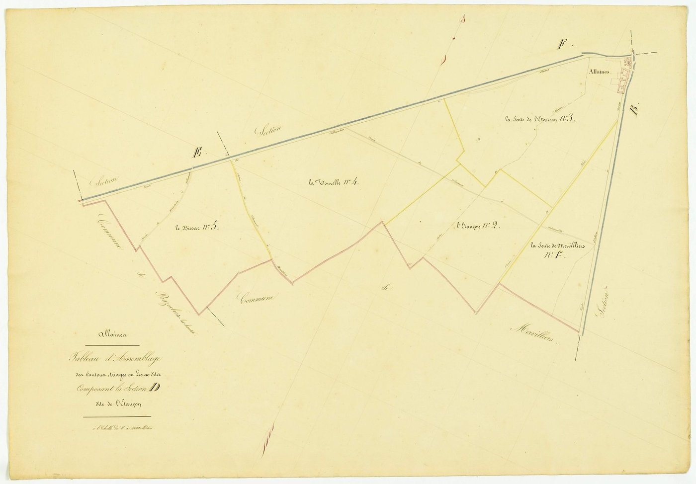 Tableau d'assemblage des cantons, triages, ou lieux-dits composant la section D, l'Etançon.