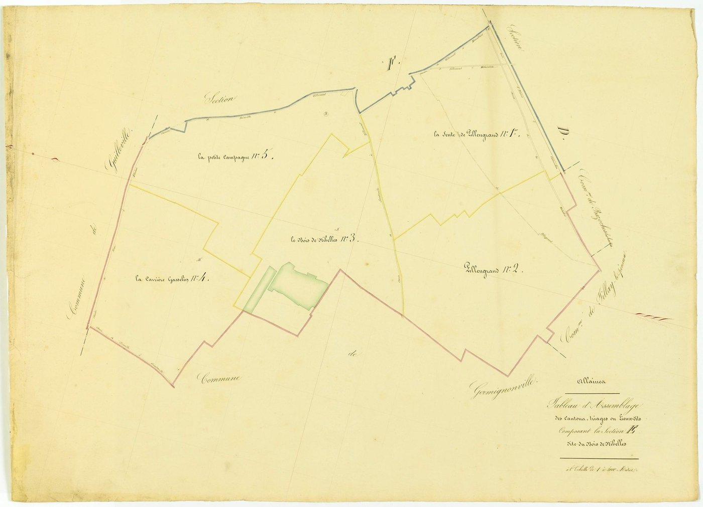 Tableau d'assemblage des cantons, triages ou lieux-dits composant la section E, le Bois de Nibelles.