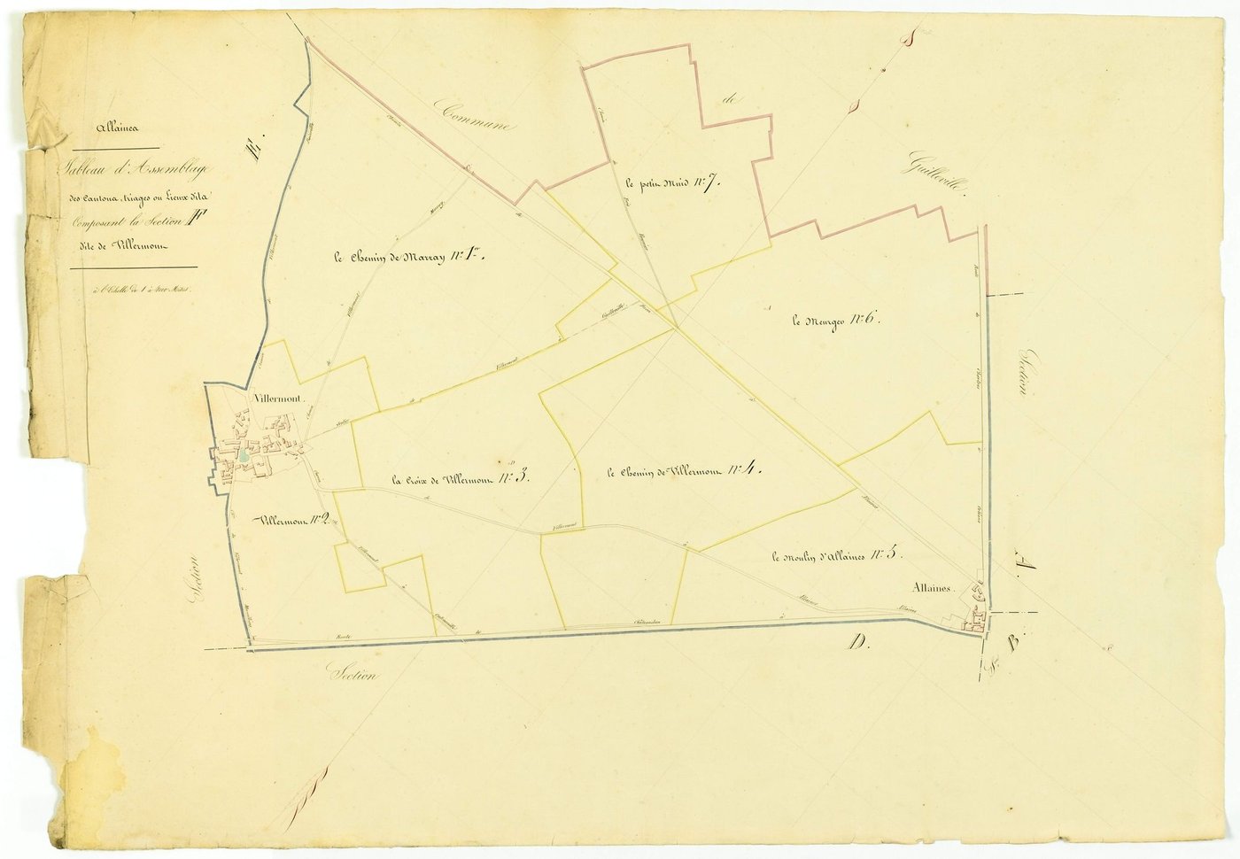 Tableau d'assemblage des cantons, triages, ou lieux-dits composant la section F, Villermoux.
